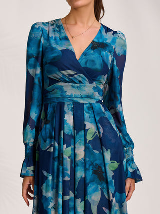 Long Sleeve V Neck Mesh Maxi Dress, Blue Floral