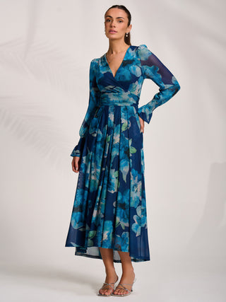 Long Sleeve V Neck Mesh Maxi Dress, Blue Floral