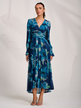 Long Sleeve V Neck Mesh Maxi Dress, Blue Floral