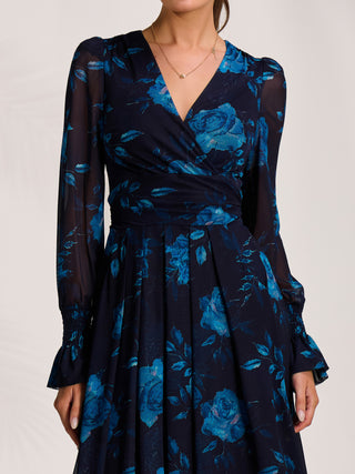 Long Sleeve V Neck Mesh Maxi Dress, Navy Floral
