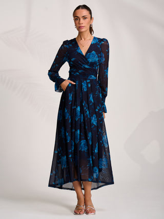 Long Sleeve V Neck Mesh Maxi Dress, Navy Floral
