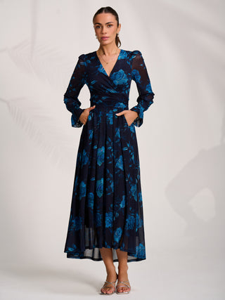 Long Sleeve V Neck Mesh Maxi Dress, Navy Floral