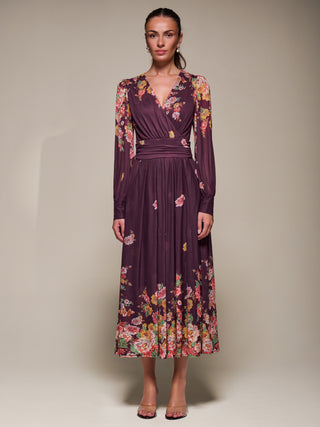 Long Sleeve Printed Mesh Midaxi Dress, Burgundy Floral