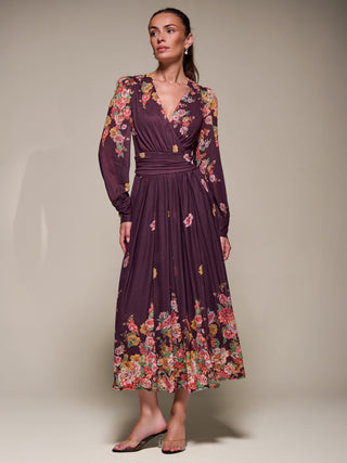 Long Sleeve Printed Mesh Midaxi Dress, Burgundy Floral