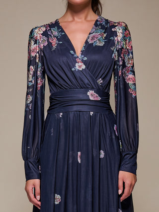 Long Sleeve Printed Mesh Midaxi Dress, Navy Floral