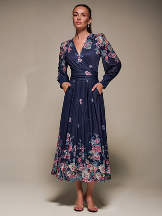 Long Sleeve Printed Mesh Midaxi Dress, Navy Floral