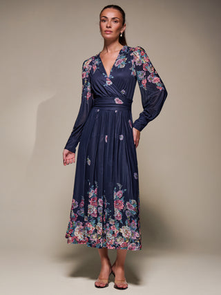 Long Sleeve Printed Mesh Midaxi Dress, Navy Floral