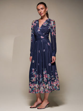 Long Sleeve Printed Mesh Midaxi Dress, Navy Floral