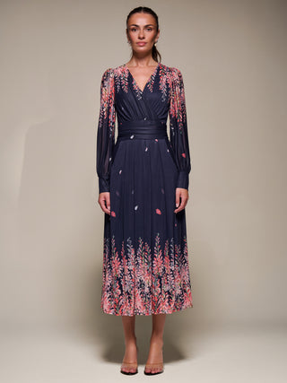 Long Sleeve Printed Mesh Midaxi Dress, Pink Leaf