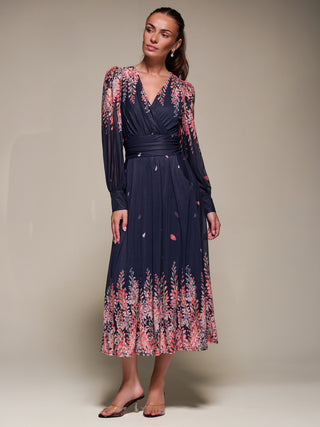Long Sleeve Printed Mesh Midaxi Dress, Pink Leaf