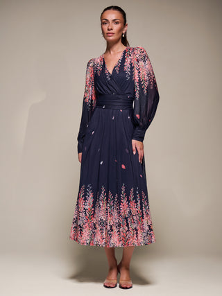 Long Sleeve Printed Mesh Midaxi Dress, Pink Leaf