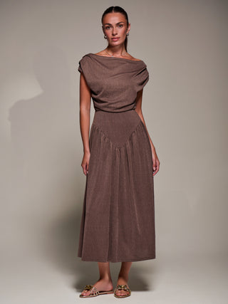 Asymmetric Neckline Midaxi Dress, Brown