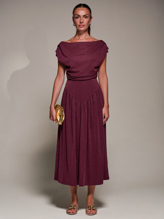 Asymmetric Neckline Midaxi Dress, Burgundy