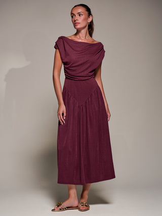 Asymmetric Neckline Midaxi Dress, Burgundy
