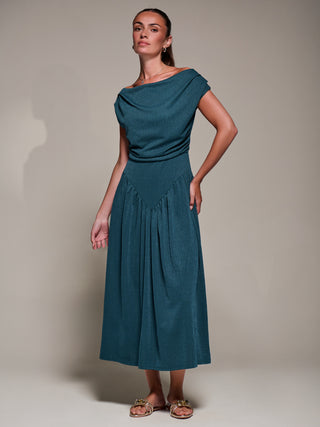 Asymmetric Neckline Midaxi Dress, Dark Teal