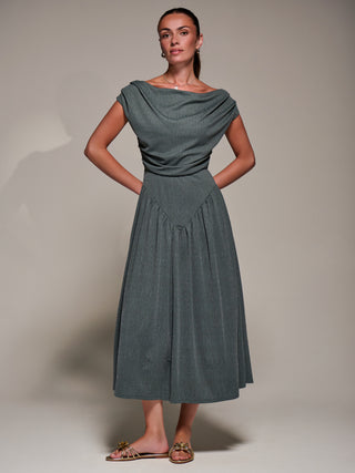 Asymmetric Neckline Midaxi Dress, Khaki