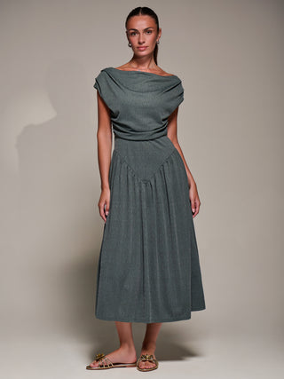 Asymmetric Neckline Midaxi Dress, Khaki