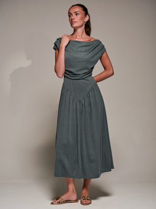 Asymmetric Neckline Midaxi Dress, Khaki