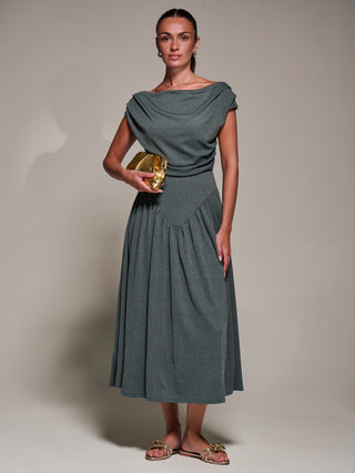Asymmetric Neckline Midaxi Dress, Khaki