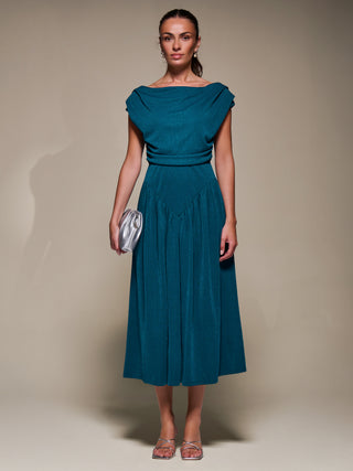 Asymmetric Neckline Midaxi Dress, Teal Blue