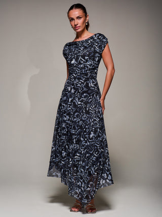 Mesh Asymmetrical Draped Maxi Dress, Black Abstract