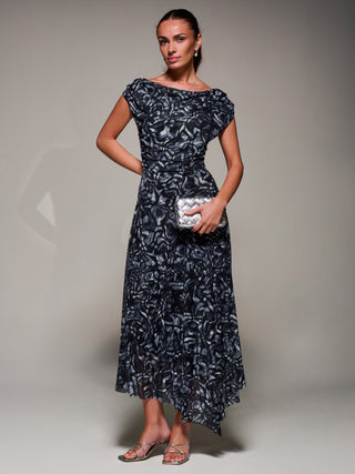 Mesh Asymmetrical Draped Maxi Dress, Black Abstract