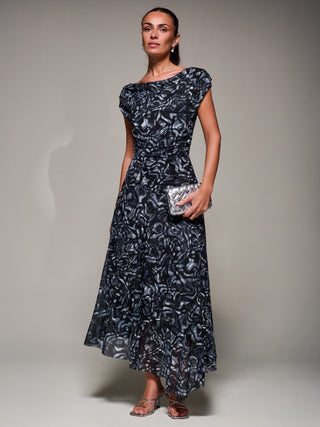 Mesh Asymmetrical Draped Maxi Dress, Black Abstract