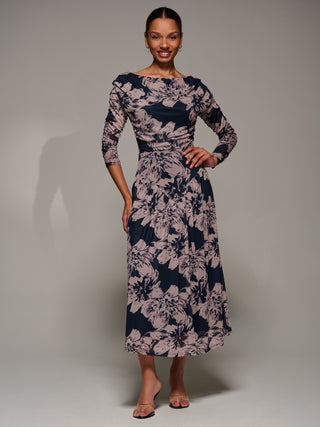Long Sleeve Asymmetric Gathered Mesh Dress, Black Floral