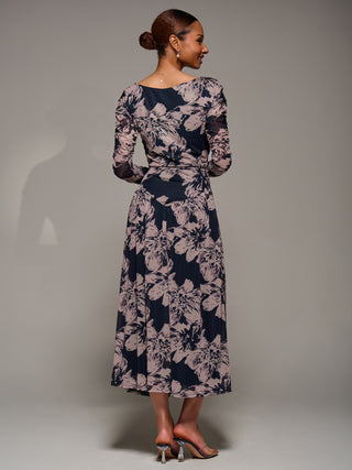 Long Sleeve Asymmetric Gathered Mesh Dress, Black Floral