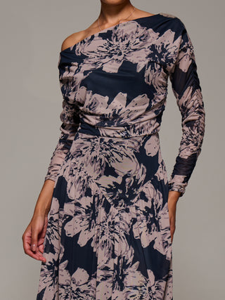 Long Sleeve Asymmetric Gathered Mesh Dress, Black Floral