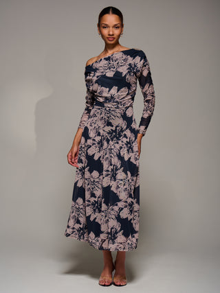 Long Sleeve Asymmetric Gathered Mesh Dress, Black Floral