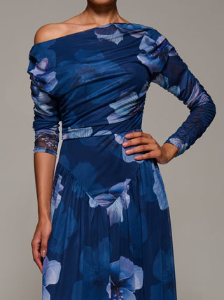 Long Sleeve Asymmetric Gathered Mesh Dress, Blue Floral