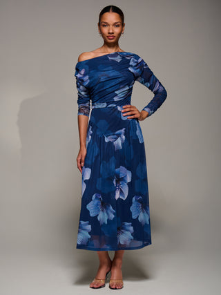 Long Sleeve Asymmetric Gathered Mesh Dress, Blue Floral