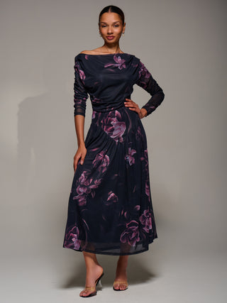 Long Sleeve Asymmetric Gathered Mesh Dress, Pink Floral