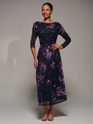 Long Sleeve Asymmetric Gathered Mesh Dress, Pink Floral