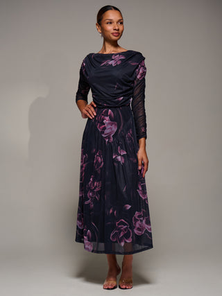 Long Sleeve Asymmetric Gathered Mesh Dress, Pink Floral