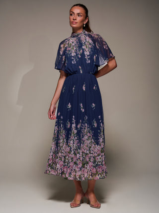 High Neck Short Sleeve Pleated Chiffon Dress, Navy Floral
