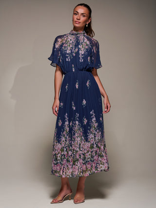 High Neck Short Sleeve Pleated Chiffon Dress, Navy Floral