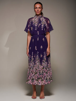 High Neck Short Sleeve Pleated Chiffon Dress, Purple Floral