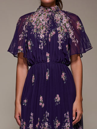 High Neck Short Sleeve Pleated Chiffon Dress, Purple Floral