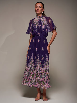 High Neck Short Sleeve Pleated Chiffon Dress, Purple Floral