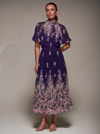 High Neck Short Sleeve Pleated Chiffon Dress, Purple Floral