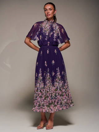 High Neck Short Sleeve Pleated Chiffon Dress, Purple Floral