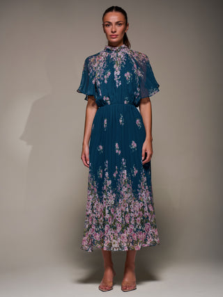 High Neck Short Sleeve Pleated Chiffon Dress, Teal Floral