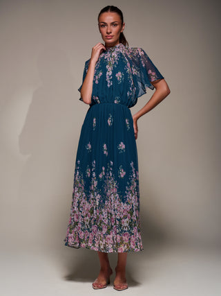 High Neck Short Sleeve Pleated Chiffon Dress, Teal Floral
