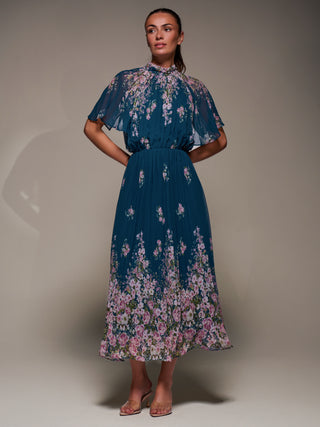 High Neck Short Sleeve Pleated Chiffon Dress, Teal Floral