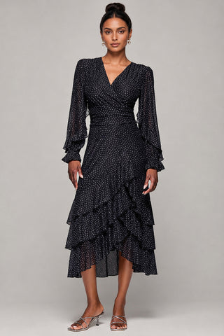 Long Sleeve Frill Detail Mesh Maxi Dress, Black Spot