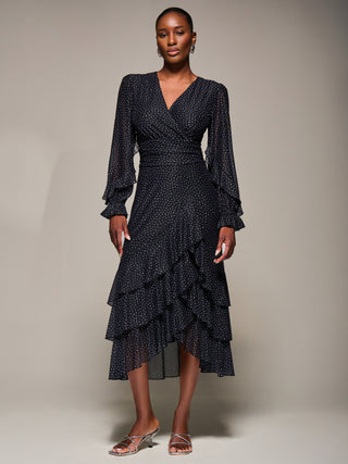 Long Sleeve Frill Detail Mesh Maxi Dress, Black Spot