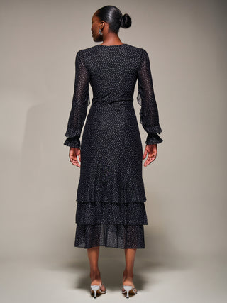 Long Sleeve Frill Detail Mesh Maxi Dress, Black Spot