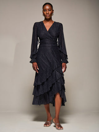 Long Sleeve Frill Detail Mesh Maxi Dress, Black Spot